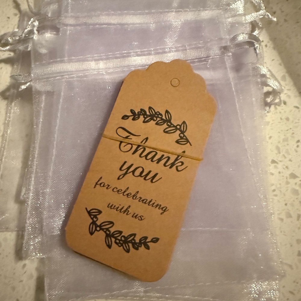 Party Favor White Organza Gift Bags with Thank You Tags (10)